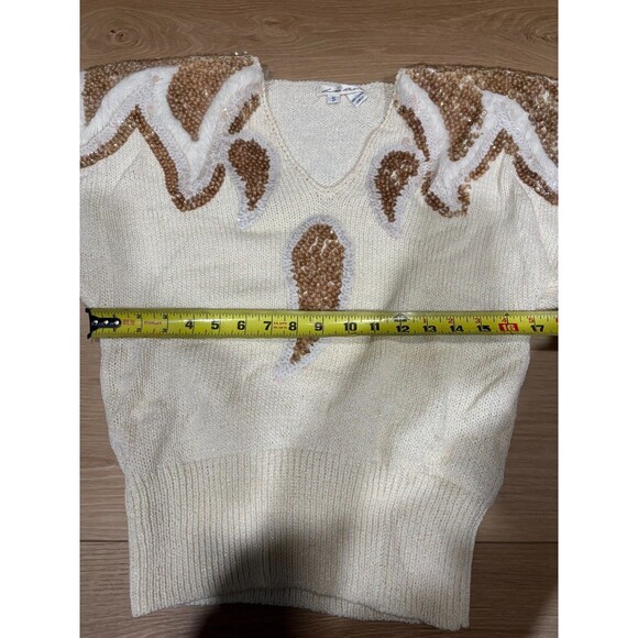 VINTAGE Lillie Rubin Sequin Sweater Ivory Gold White 80s Dolman Knit Size S - Picture 9 of 10